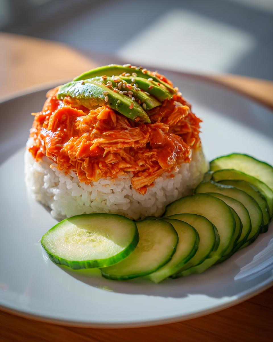 A serving of spicy crab sushi bowl featuring shredded spicy crab mix over rice, topped with sliced avocado and sesame seeds, served with sliced cucumber.