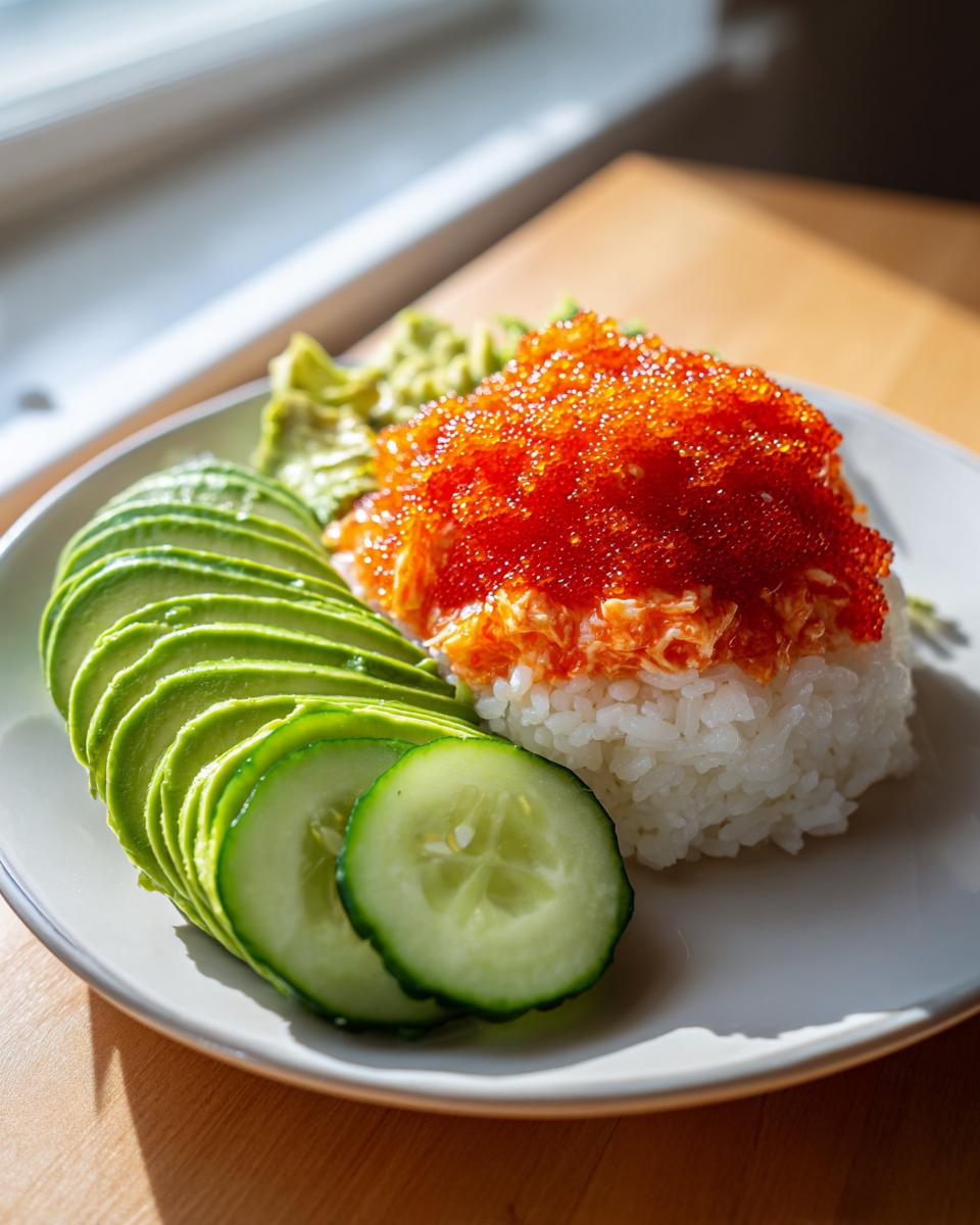 A vibrant spicy crab sushi bowl featuring rice topped with bright orange tobiko, sliced avocado, and cucumber.