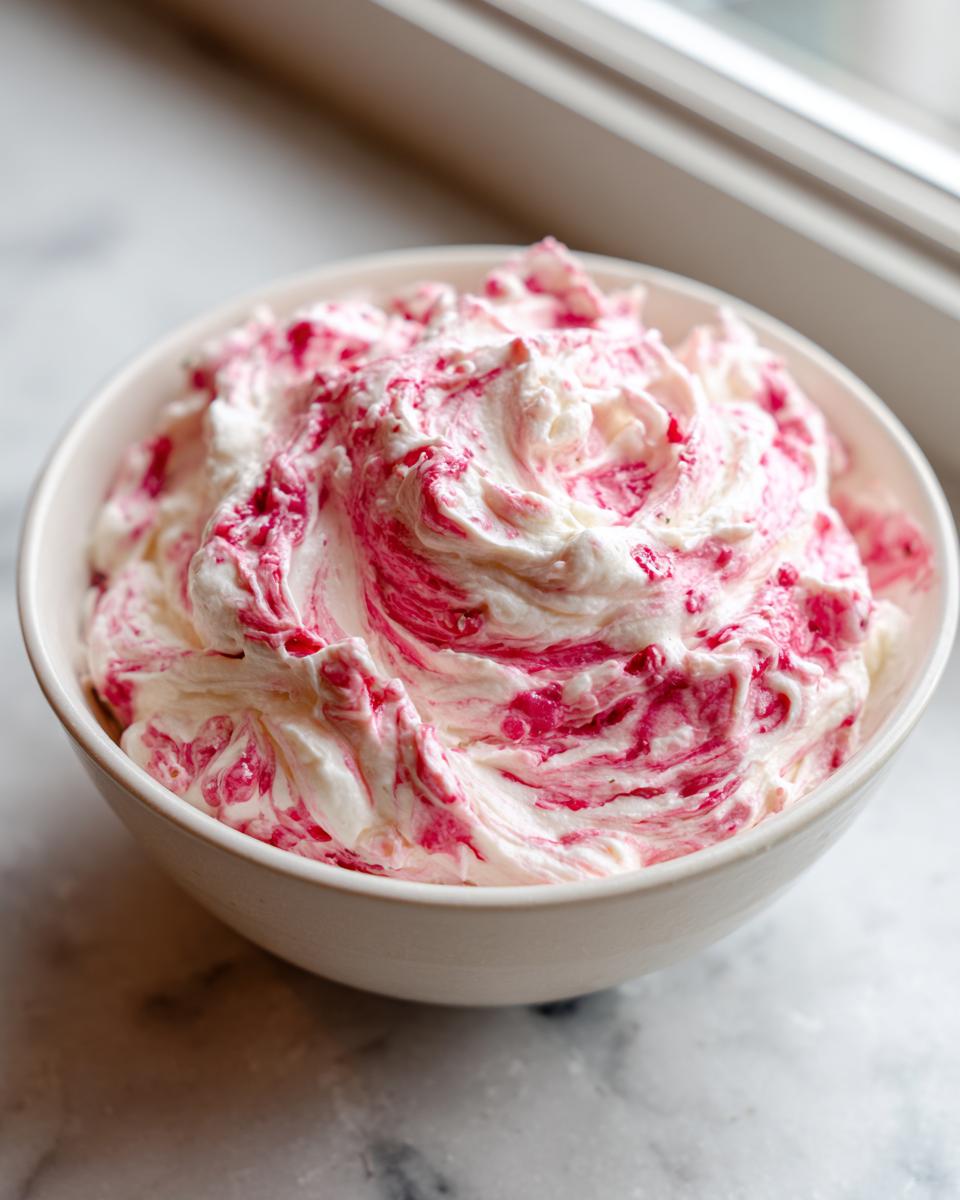 Close-up of creamy strawberry cheesecake dip swirled with bright pink fruit puree in a white bowl.