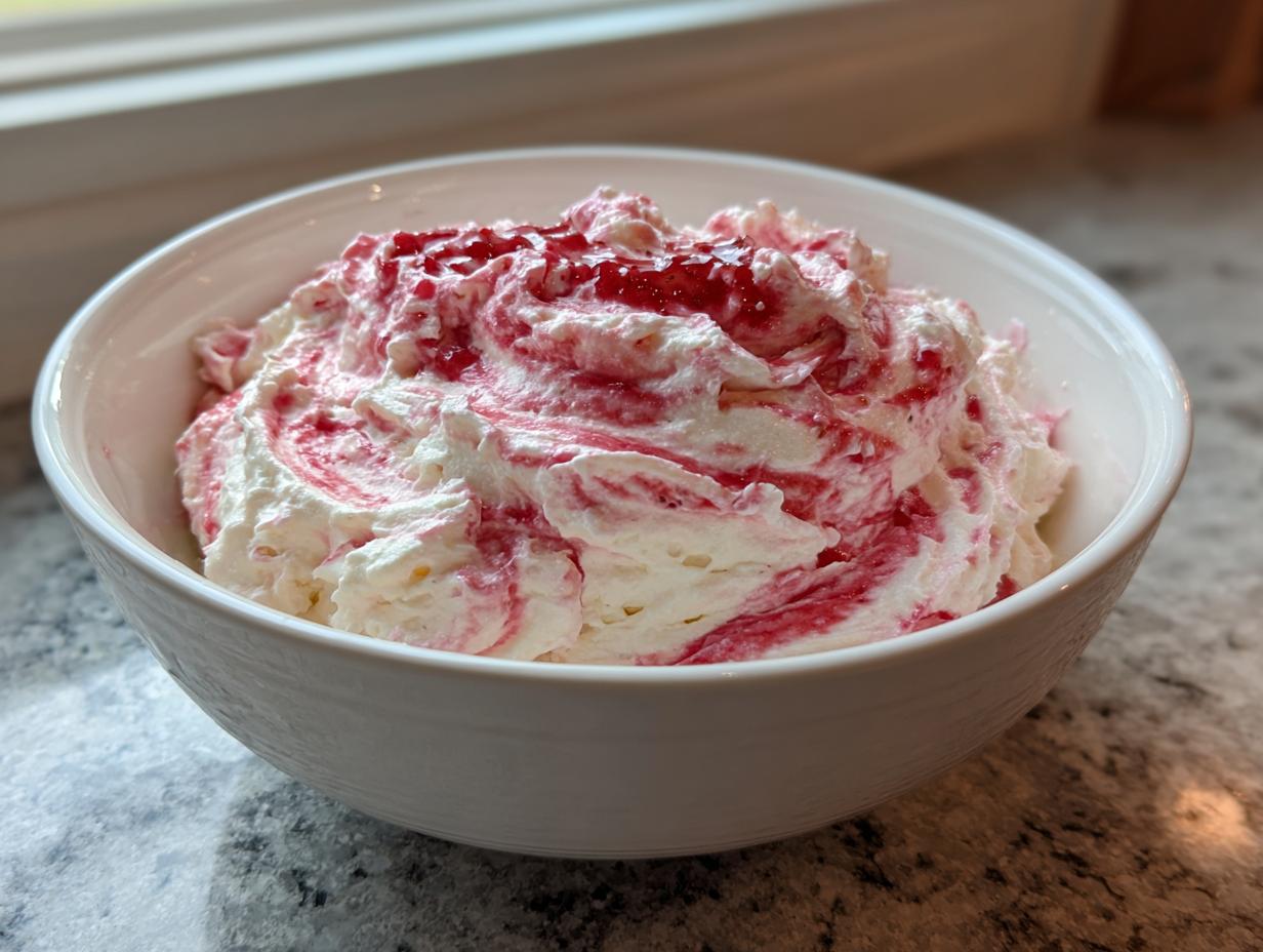 Close-up of creamy strawberry cheesecake dip swirled with red strawberry sauce in a white bowl.