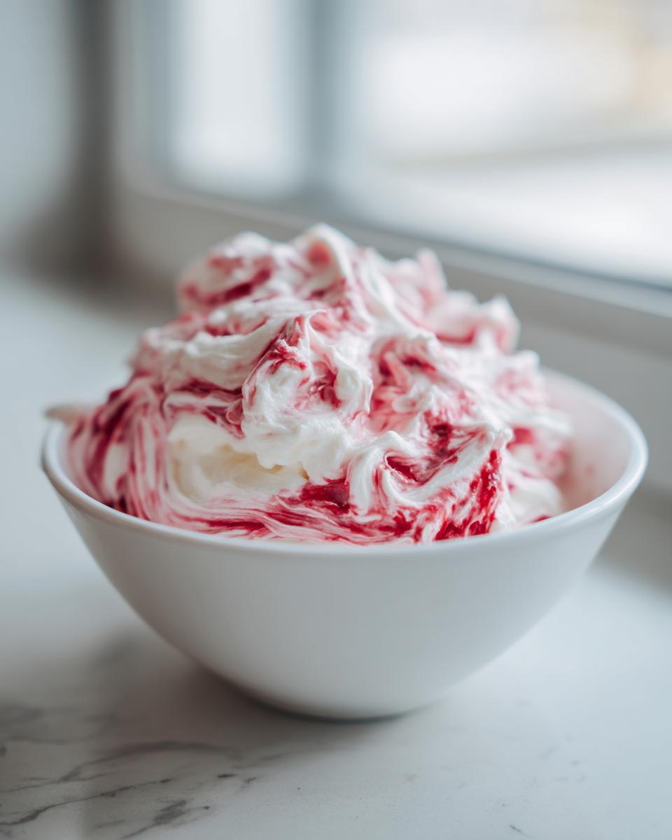 A white bowl filled with creamy strawberry cheesecake dip, featuring swirls of bright red strawberry puree.