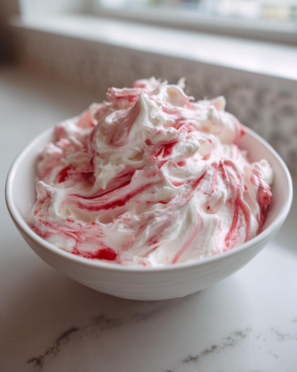A white bowl filled with fluffy, swirled strawberry cheesecake dip, showing streaks of pink filling.