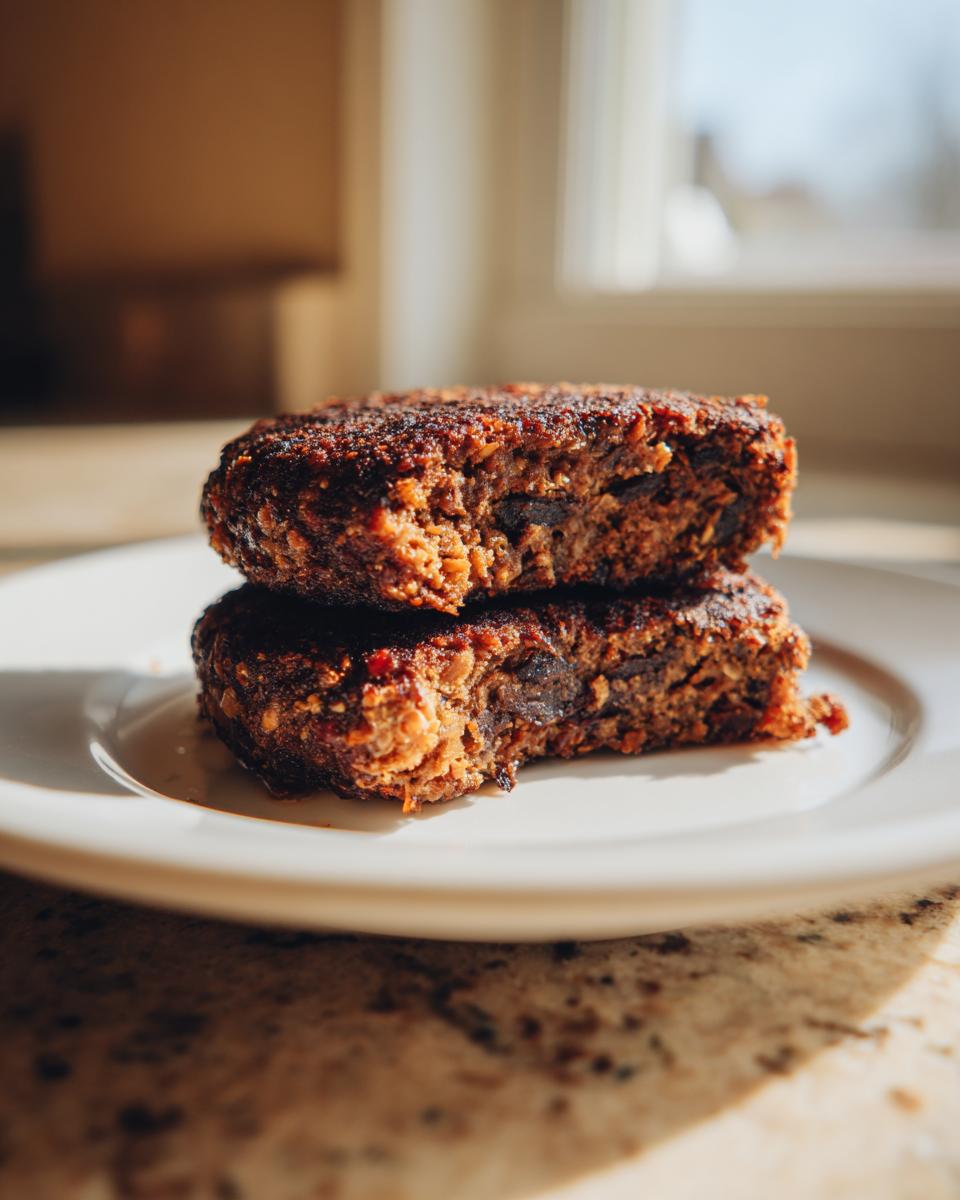 Two halves of a sturdy black bean burger patty stacked on a white plate, showing the firm texture.