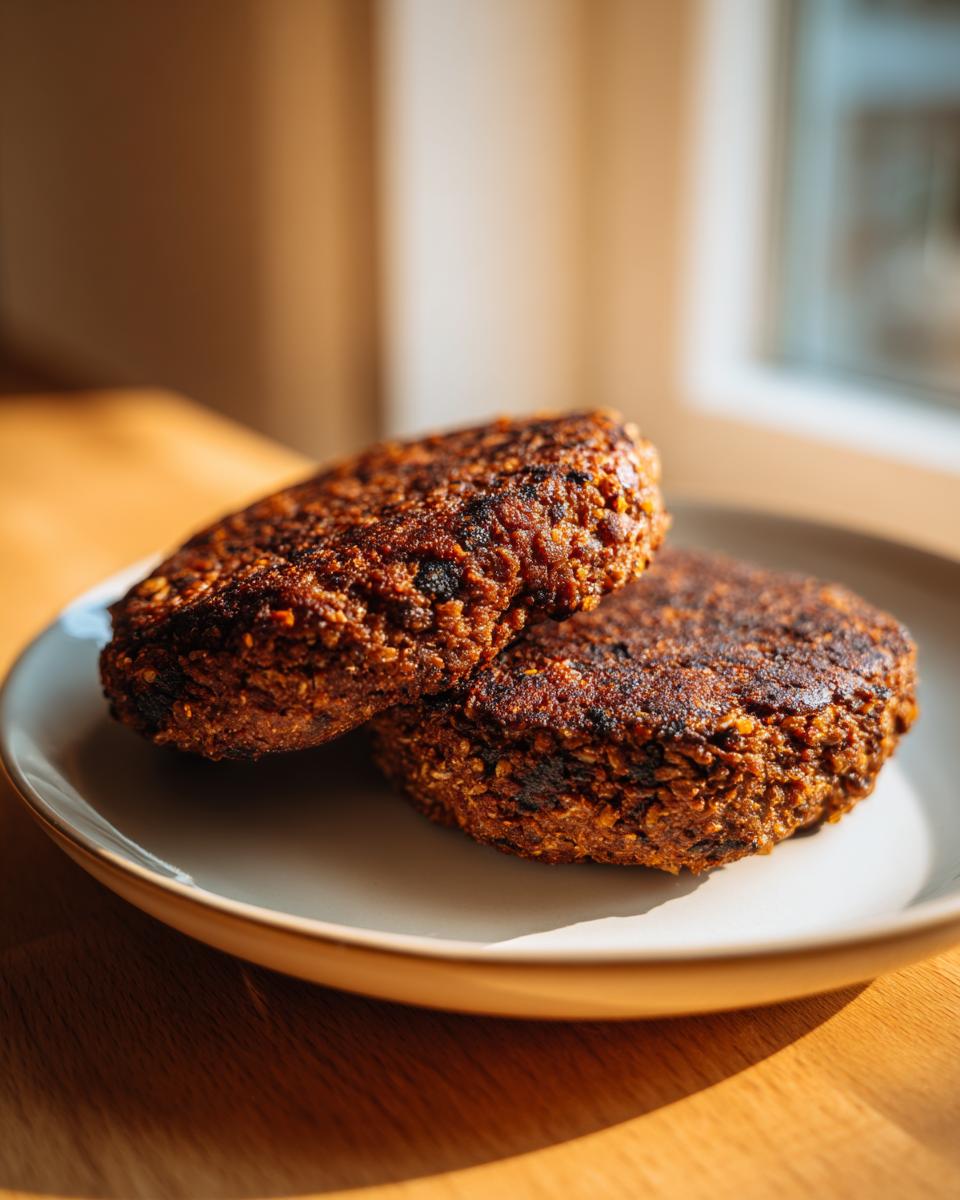 Two perfectly seared, sturdy black bean burger patties resting on a light-colored plate.