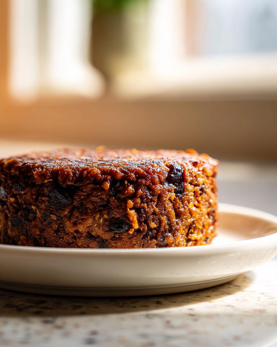 A close-up of a thick, well-formed, dark brown black bean burger patty resting on a small white plate.