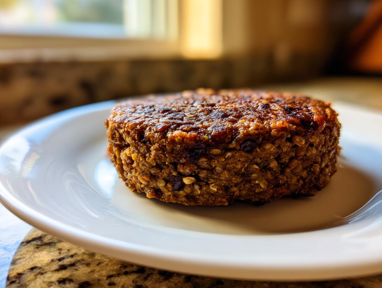 Close-up of a thick, perfectly seared black bean burger patty resting on a white plate.