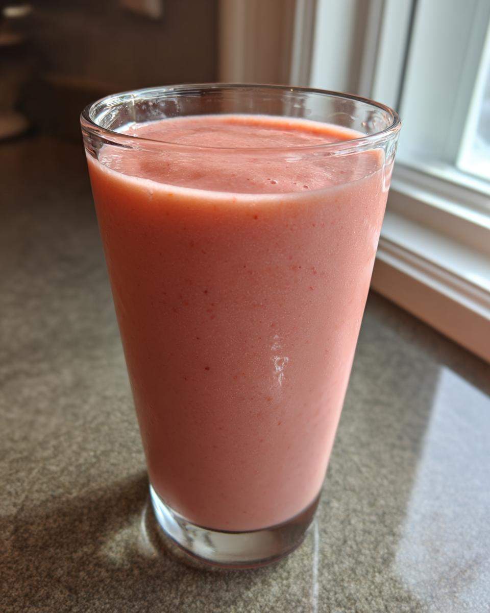 A tall glass filled with a thick, pink watermelon smoothie sitting on a countertop near a window.