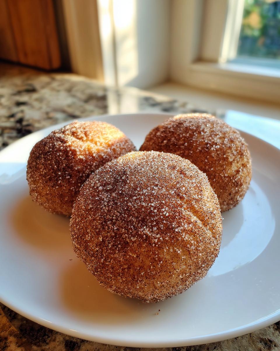 Three round, golden-brown churro cookies heavily coated in cinnamon sugar resting on a white plate.
