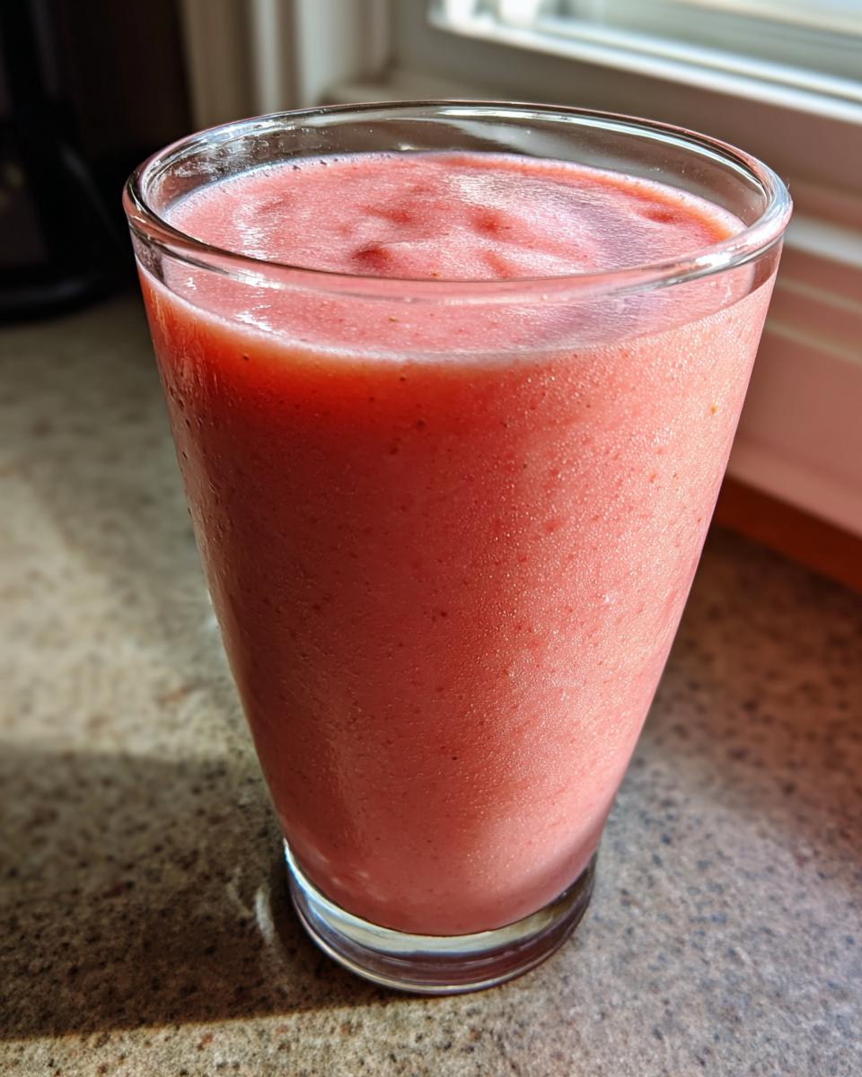 Close-up of a vibrant pink watermelon smoothie filling a clear glass, sitting on a countertop.