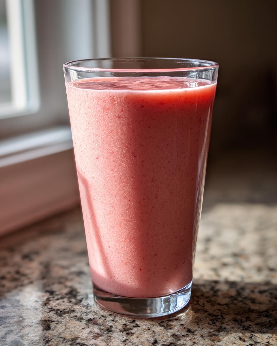 A tall glass filled with a thick, pink watermelon smoothie sitting on a granite countertop near a window.
