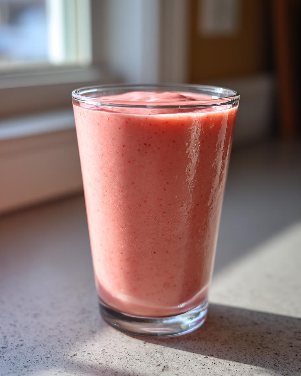 A tall glass filled with a thick, pink watermelon smoothie, sitting on a sunny countertop.