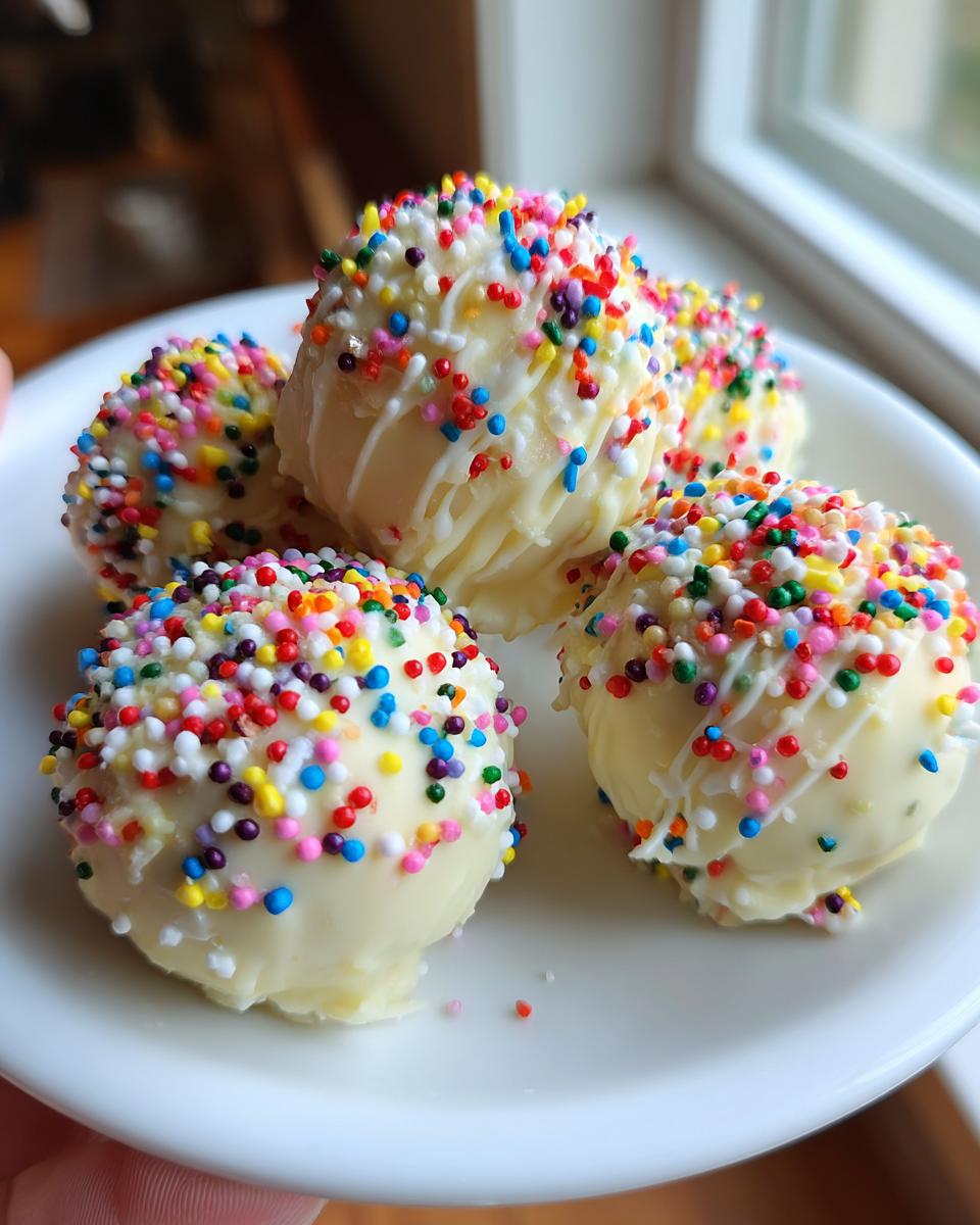 Close-up of white chocolate sugar cookie truffles covered in colorful sprinkles on a white plate.