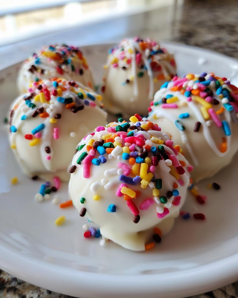 Five white chocolate sugar cookie truffles covered in colorful rainbow sprinkles on a white plate.