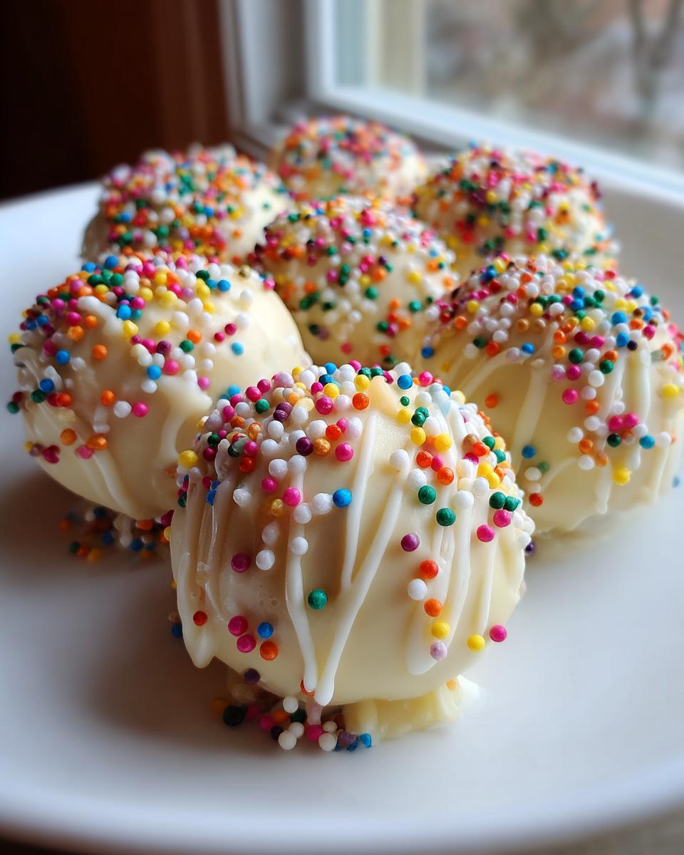A plate of white chocolate coated sugar cookie truffles generously topped with colorful rainbow sprinkles.