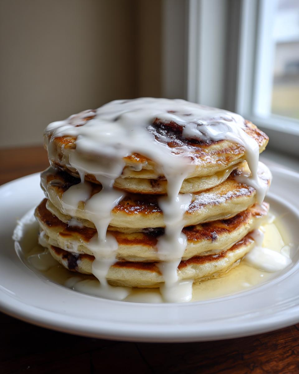 A tall stack of fluffy cinnamon roll pancakes generously drizzled with thick white icing.