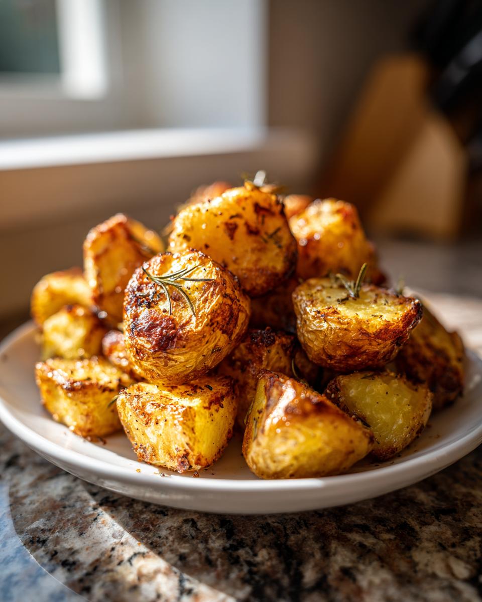 A white plate piled high with golden brown, crispy roasted potatoes seasoned with herbs.