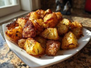 A white plate piled high with golden brown, crispy roasted potatoes seasoned with visible herbs.