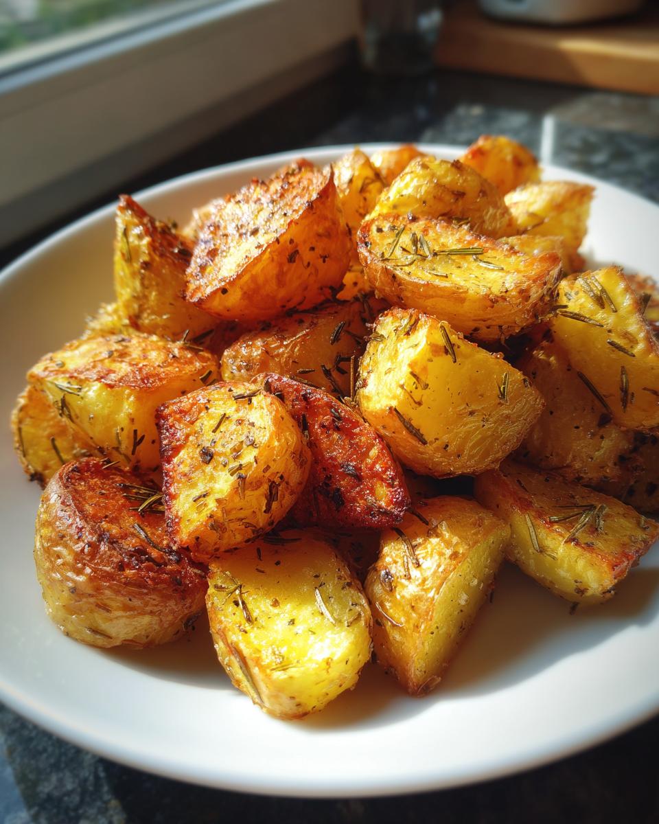 A close-up of perfectly golden and crispy roasted potatoes seasoned with rosemary, served on a white plate.