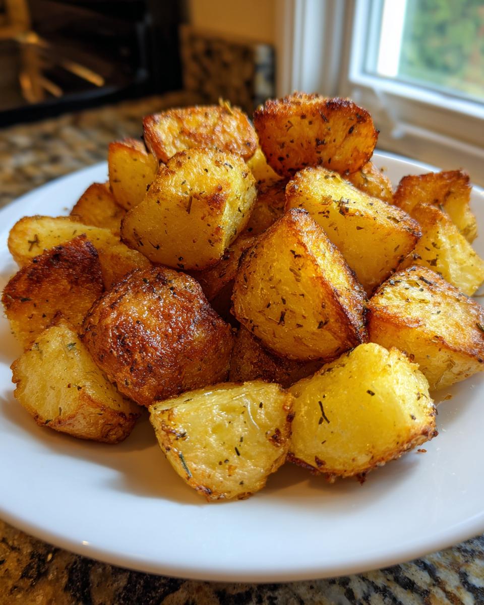 Close-up of golden brown, seasoned roasted potatoes piled high on a white plate.