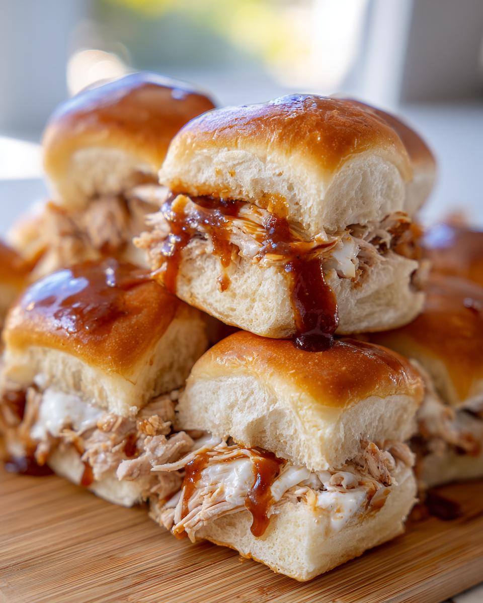 A stack of delicious bbq chicken sliders featuring shredded chicken, white cheese, and dripping BBQ sauce on shiny, golden slider buns.