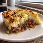 A generous slice of amazing cottage pie showing a rich meat and vegetable base topped with fork-marked, golden-brown mashed potatoes.