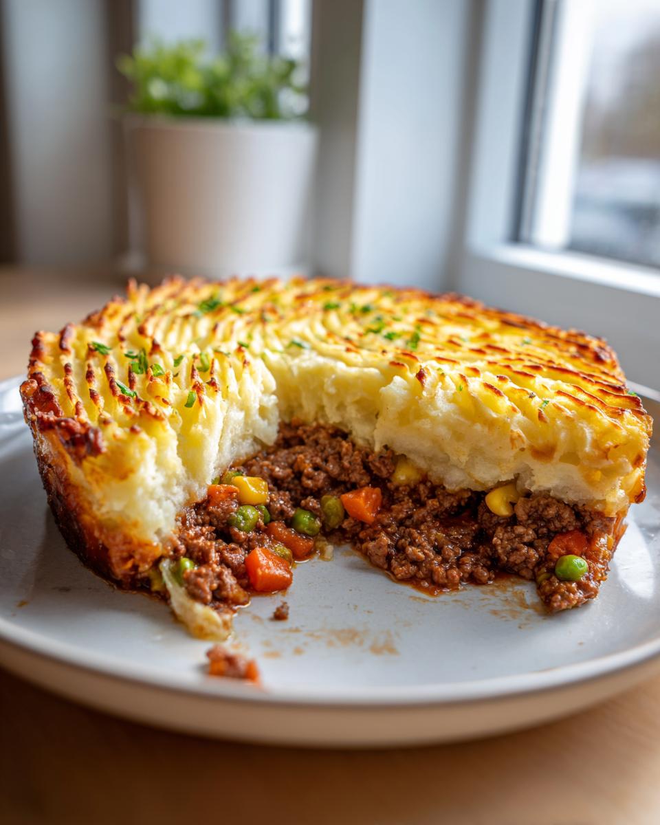 A slice removed from a homemade cottage pie, showing the rich meat filling and golden, piped mashed potato crust.