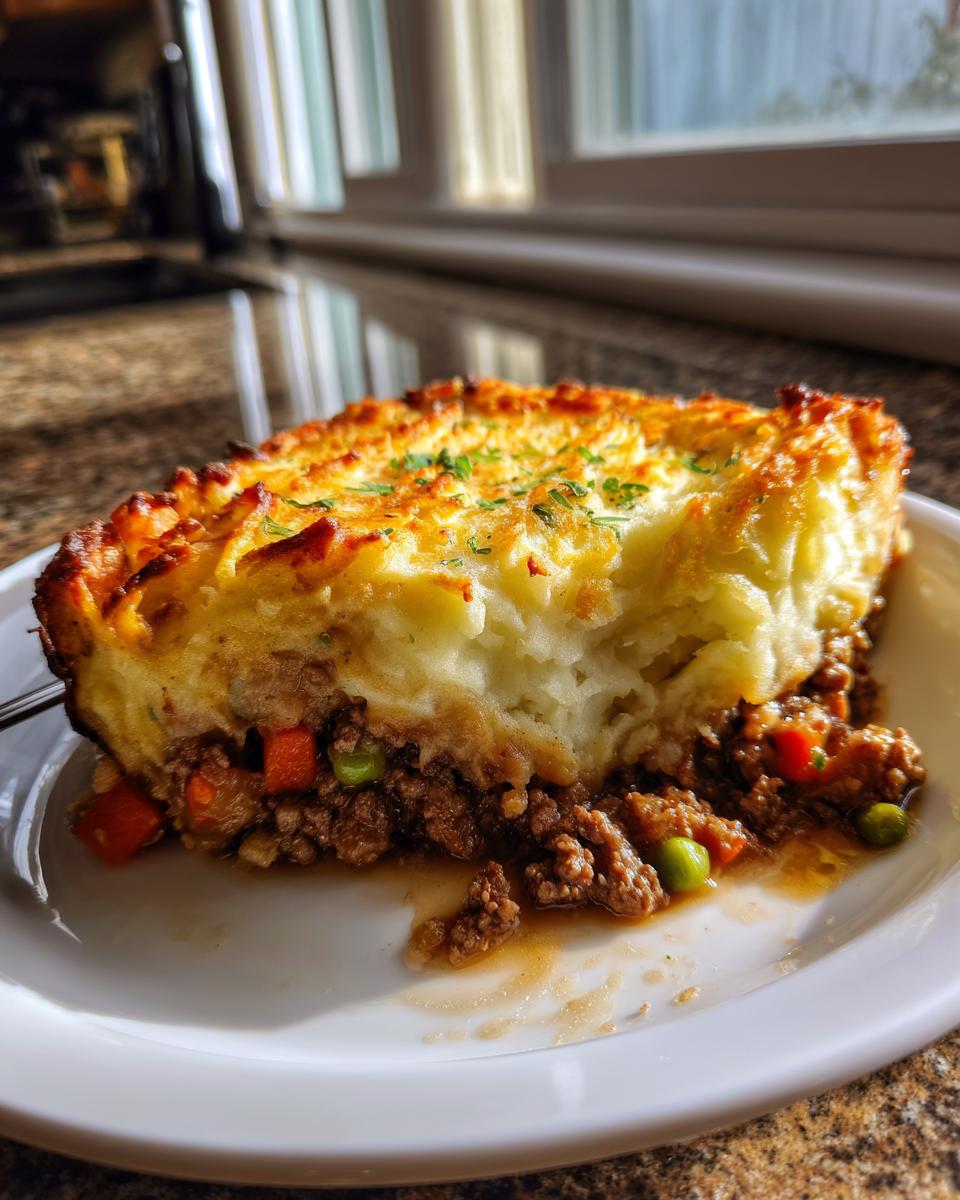 A close-up slice of amazing cottage pie showing a thick, golden-brown mashed potato topping over a rich ground meat and vegetable filling.