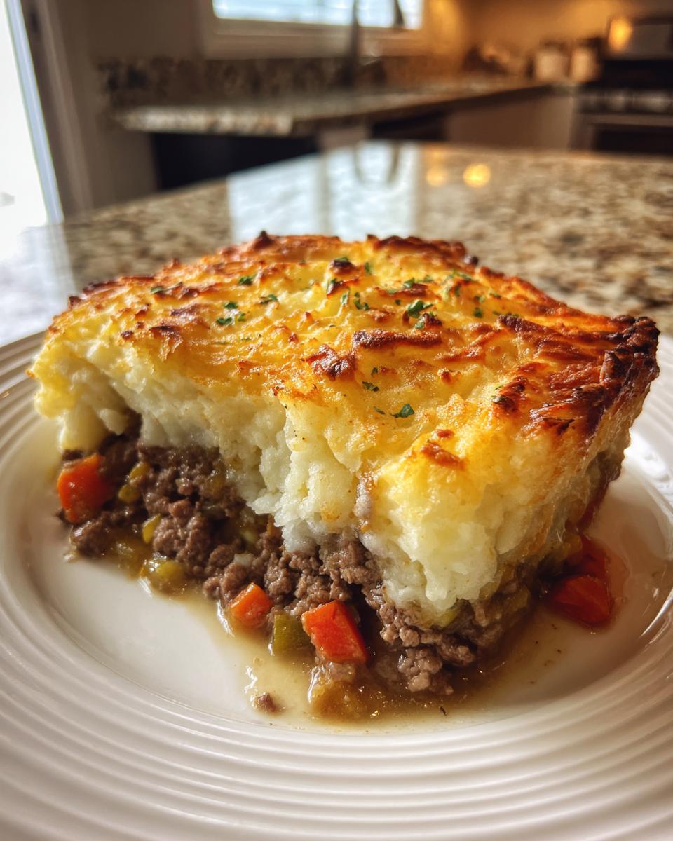 A generous slice of homemade cottage pie showing a rich meat filling and a thick, golden-brown mashed potato topping.
