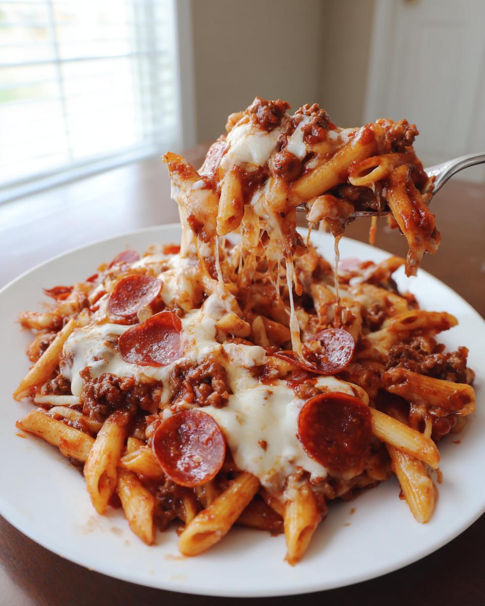 A fork lifts a cheesy, saucy portion of pizza casserole featuring penne pasta, ground meat sauce, and pepperoni slices.