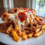 A generous serving of amazing pizza casserole featuring penne pasta, meat sauce, and melted mozzarella cheese topped with pepperoni.