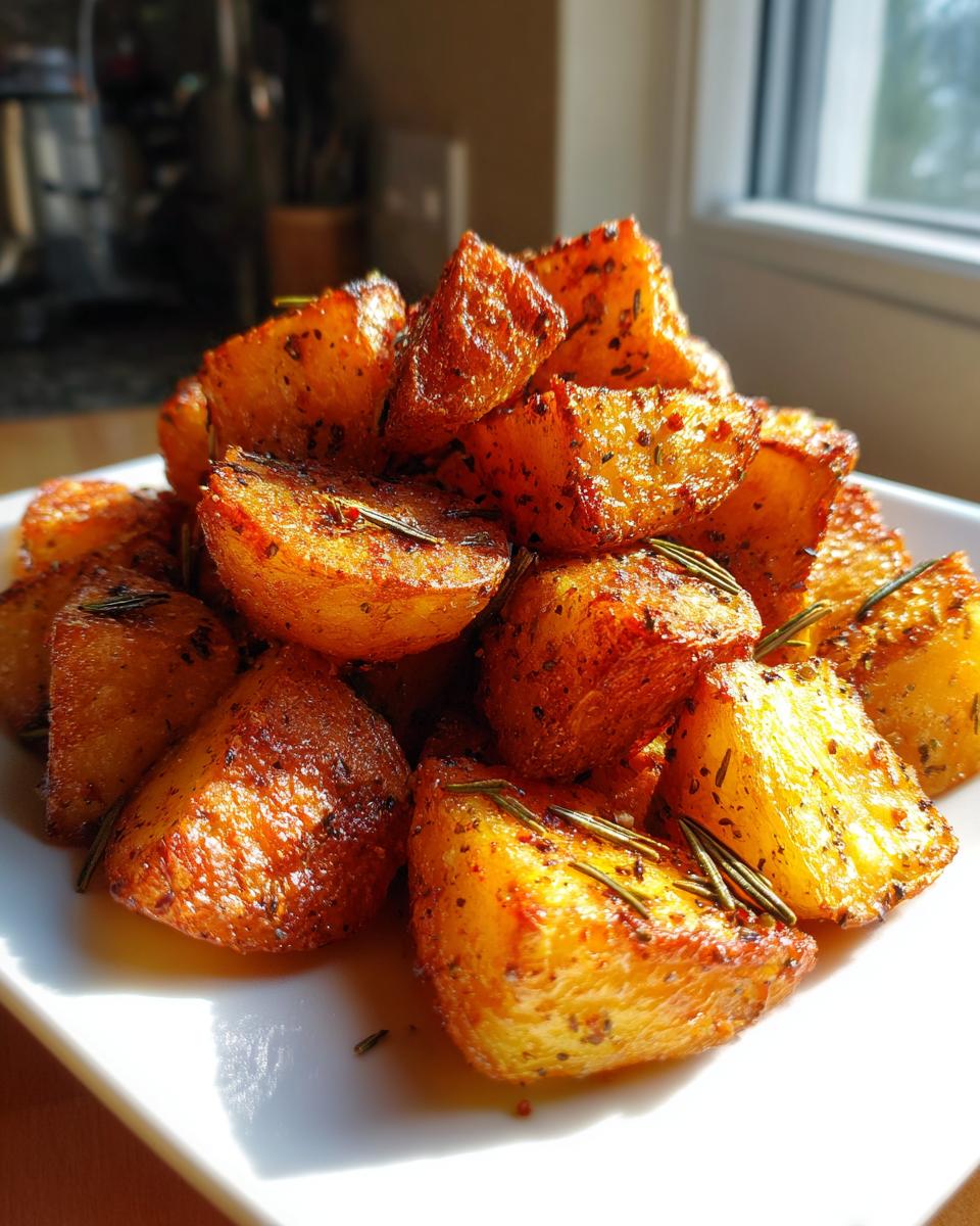 A mound of golden brown, seasoned roasted potatoes garnished with fresh rosemary sprigs.