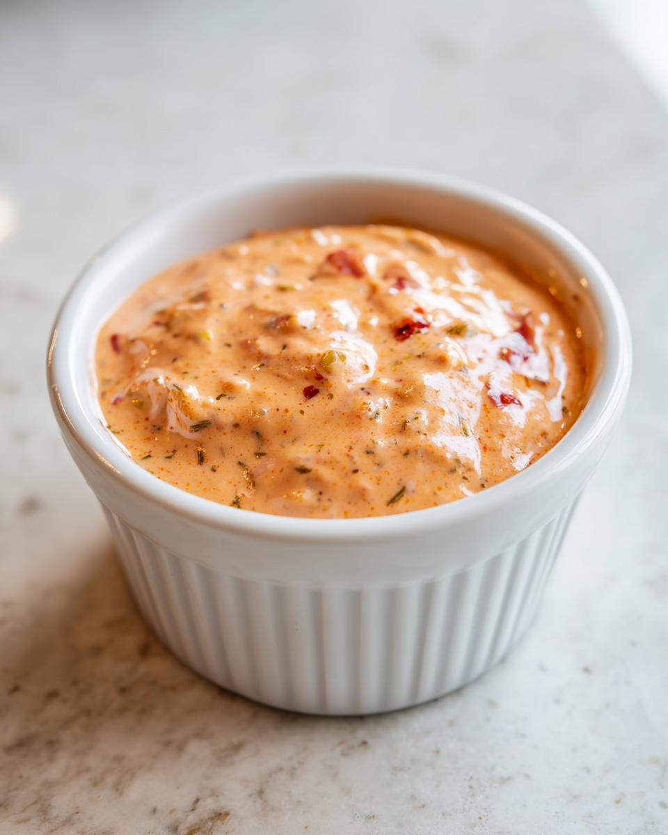 Close-up of creamy, orange-hued smash burger sauce with visible spices and relish pieces in a white ramekin.
