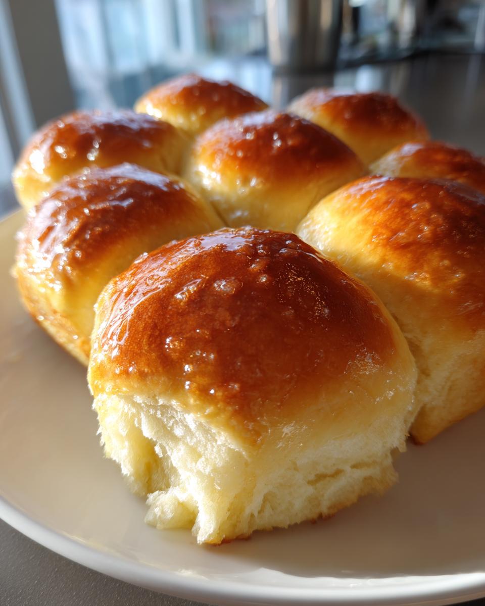 Close-up of soft, golden-brown dinner rolls with a shiny glaze, one roll pulled apart showing the fluffy interior.