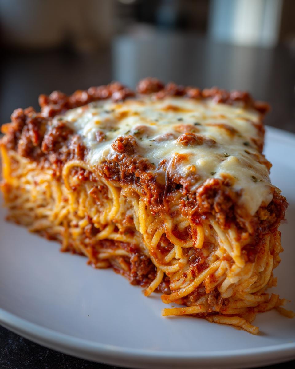 Close-up of a thick slice of spaghetti pie showing layers of pasta, meat sauce, and a bubbly layer of melted mozzarella cheese.