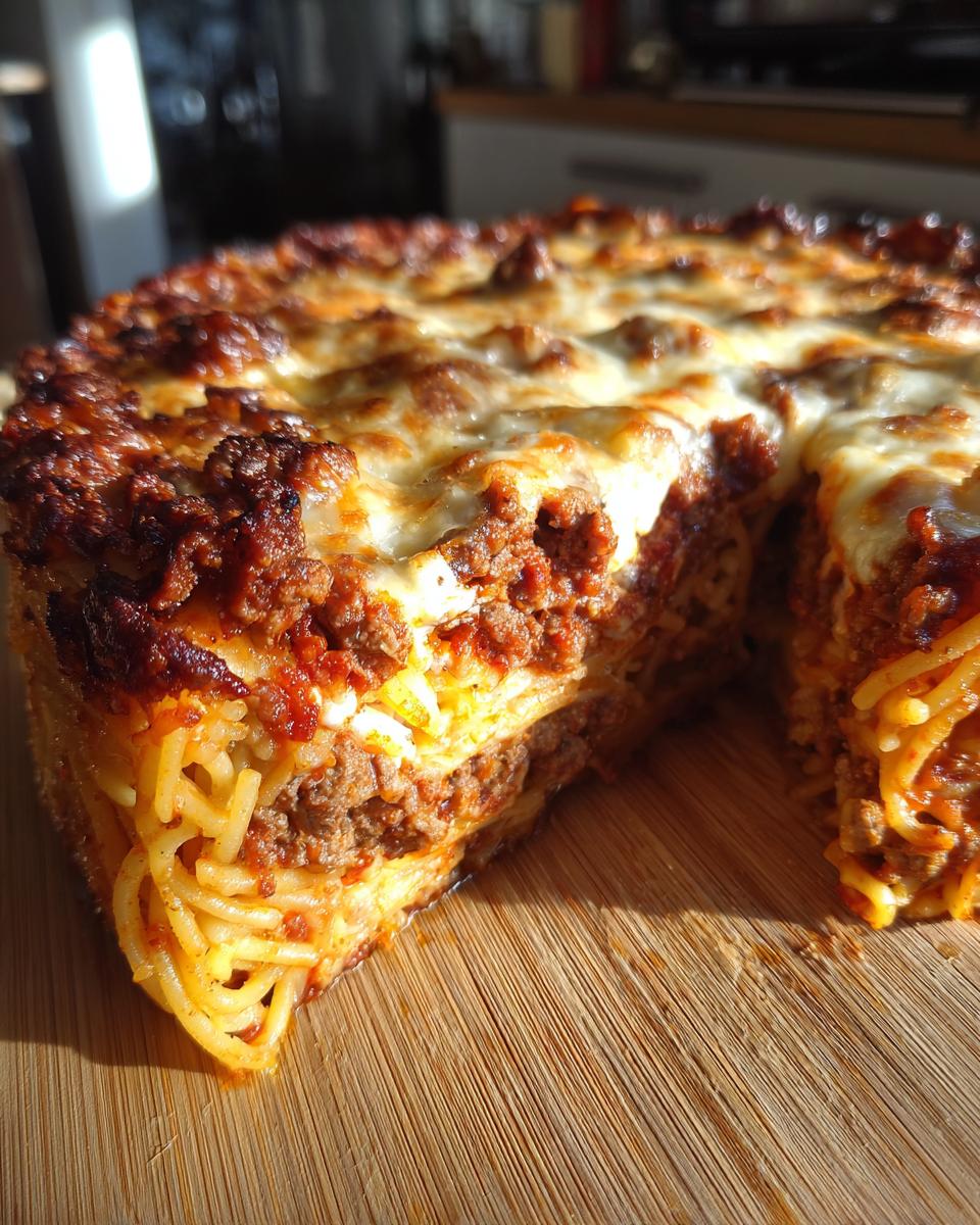 A close-up of a thick slice removed from a baked spaghetti pie, showing layers of pasta, meat sauce, and melted cheese.