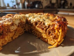A close-up of a thick slice of baked spaghetti pie showing layers of pasta, meat sauce, and melted cheese topping.
