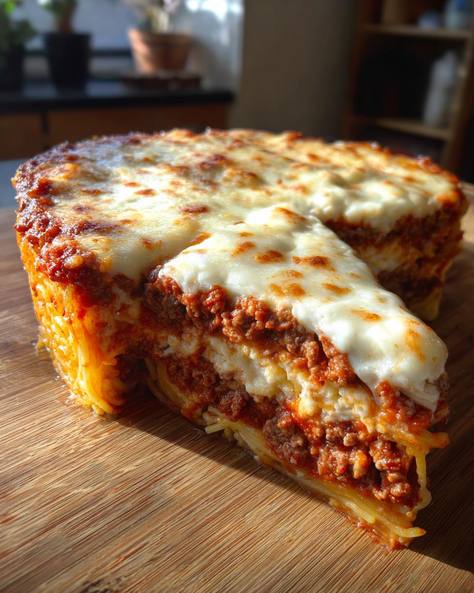 A tall, round slice removed from a baked spaghetti pie, showing layers of pasta, meat sauce, and melted mozzarella cheese topping.