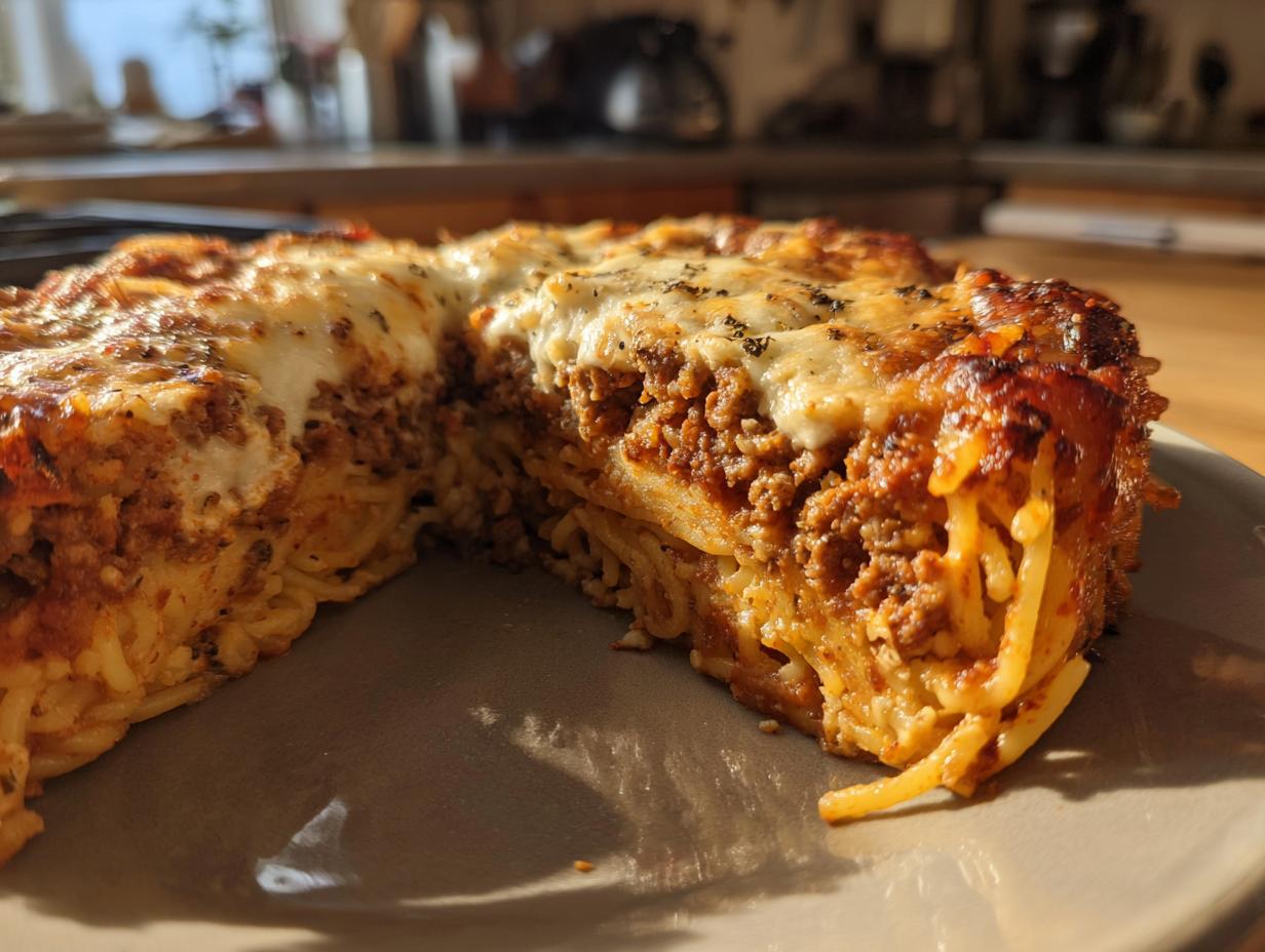 A close-up of a thick slice of baked spaghetti pie showing layers of pasta, meat sauce, and melted cheese topping.
