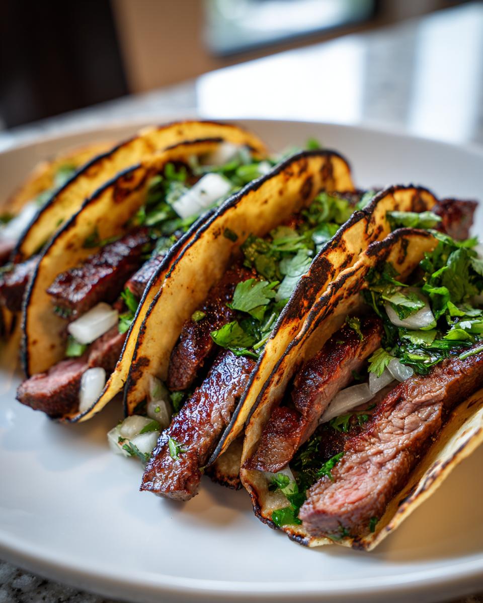 Close-up of several grilled steak tacos filled with sliced steak, white onion, and cilantro, served on a white plate.