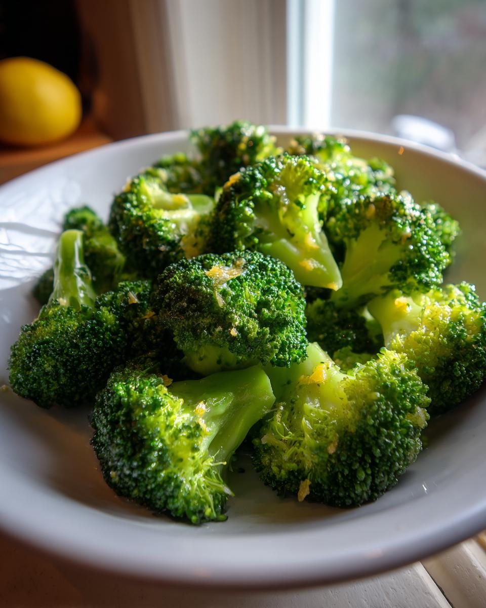 Close-up of bright green steamed broccoli florets lightly seasoned, served in a light gray bowl.