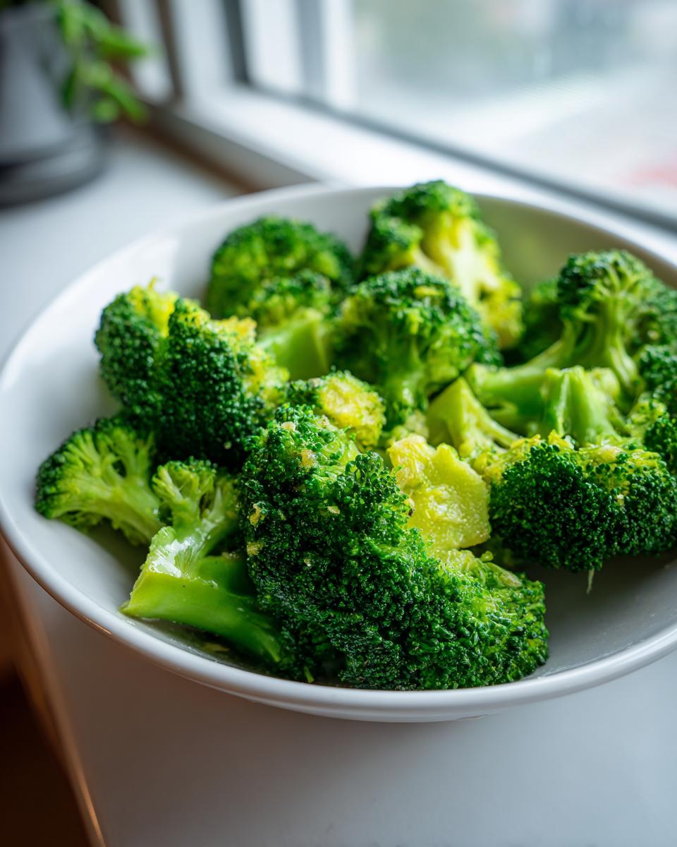Close-up of bright green, perfectly steamed broccoli florets served in a white bowl.