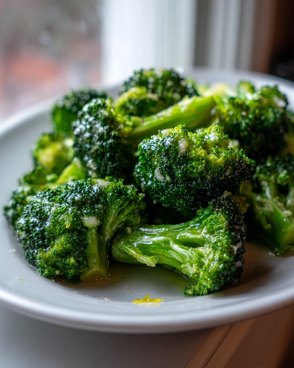 Close-up of bright green, glossy steamed broccoli florets seasoned with garlic on a white plate.