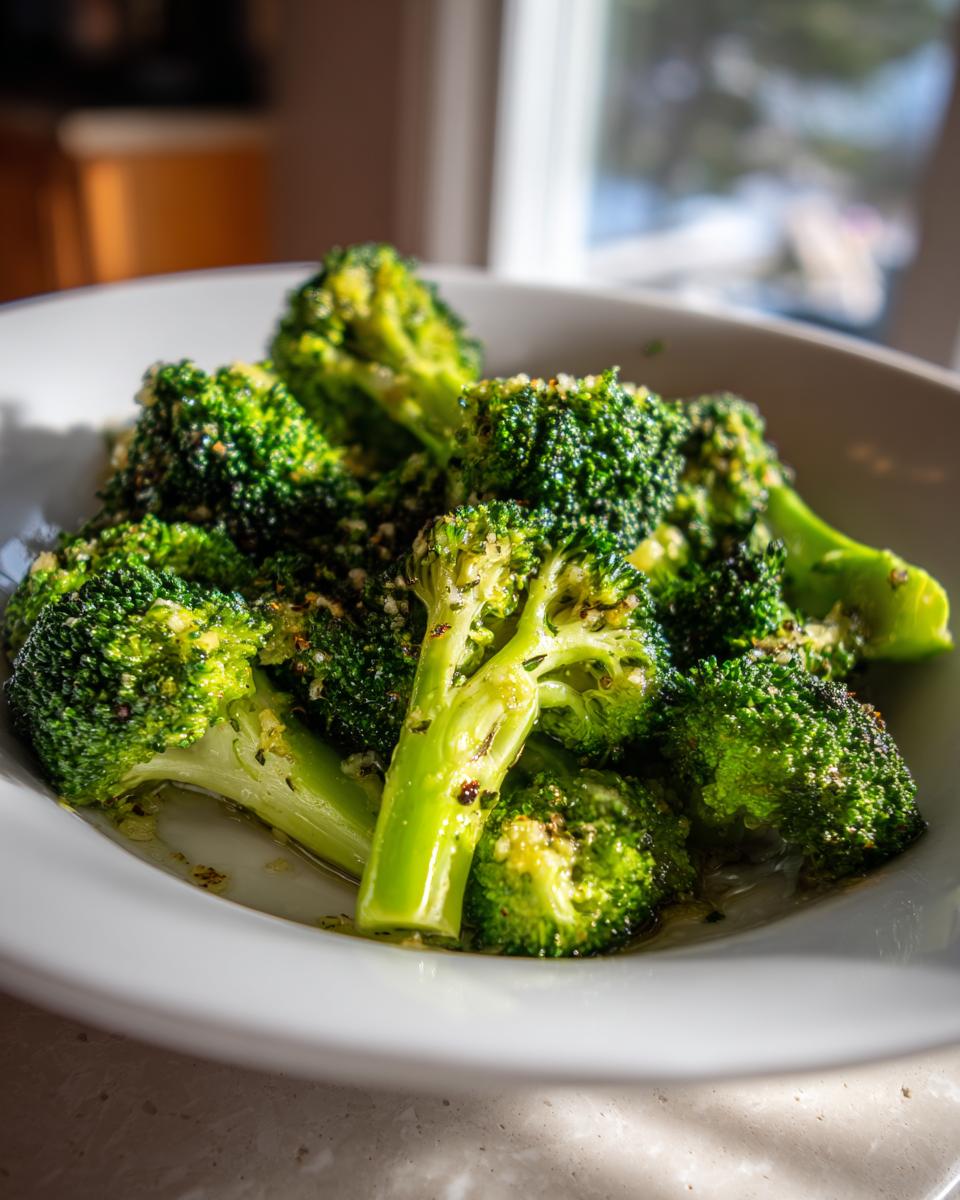 Close-up of bright green steamed broccoli florets seasoned and served in a white bowl.