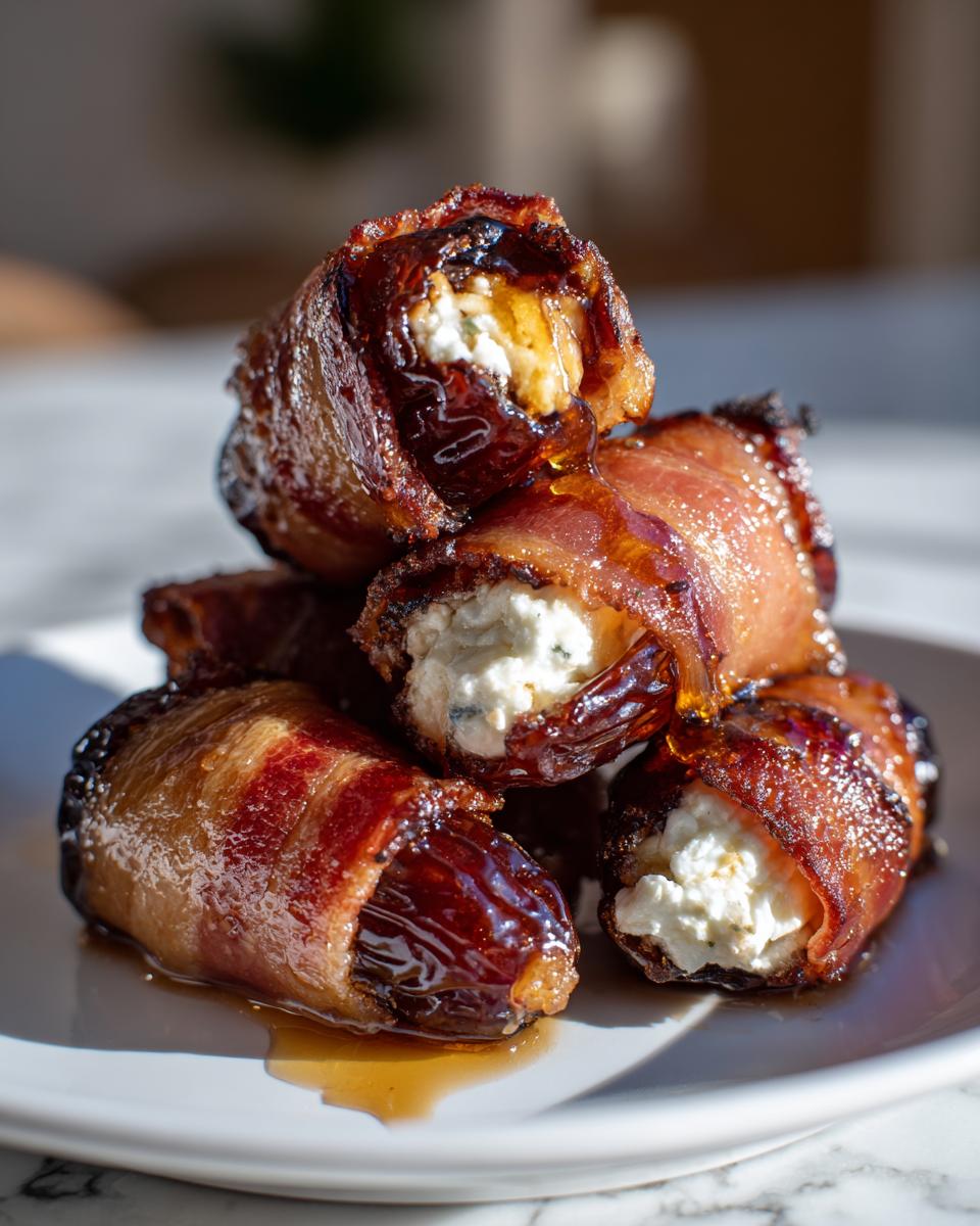 A stack of crispy, bacon-wrapped stuffed dates oozing with glaze and filled with white cheese.