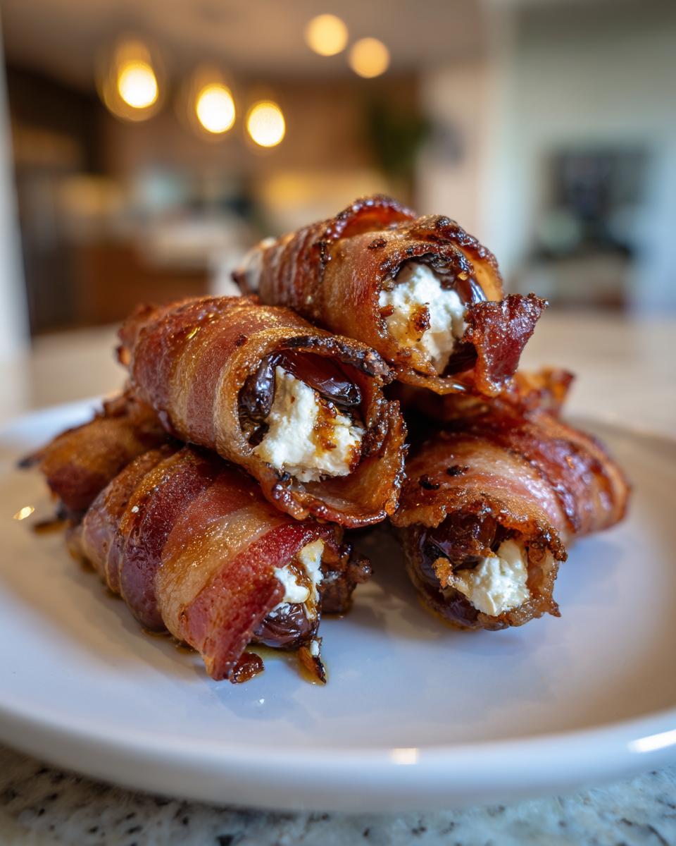 A stack of crispy bacon wrapped stuffed dates filled with white cheese, served on a white plate.
