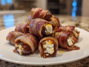 A pile of glistening, bacon-wrapped stuffed dates filled with creamy white cheese, drizzled with glaze.