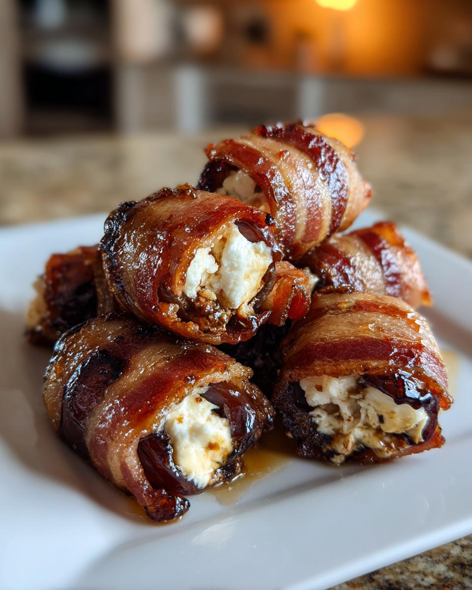 Close-up of several bacon-wrapped stuffed dates piled on a white plate, showing the crispy bacon and creamy cheese filling.