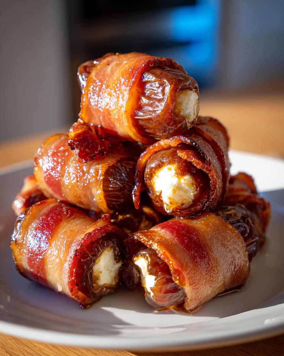 A stack of glistening, caramelized bacon wrapped stuffed dates filled with white cheese, served on a white plate.