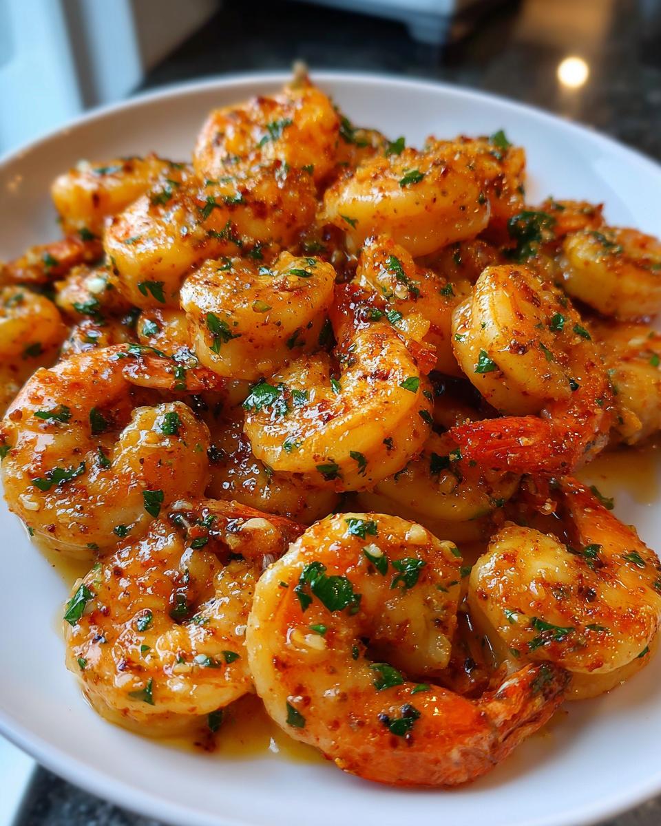 A close-up shot of succulent, orange-hued cajun shrimp coated in a buttery sauce and garnished with fresh parsley.
