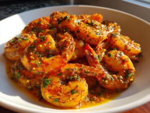 A close-up serving of vibrant, saucy cajun shrimp garnished with green herbs in a white bowl.